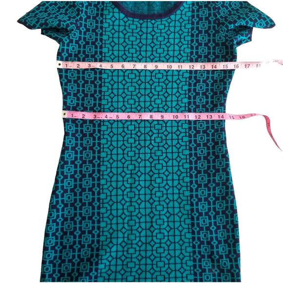 Romeo & Juliet Couture Knit Stretchy Dress Black Blue Geometric Print sz Medium - Picture 5 of 8
